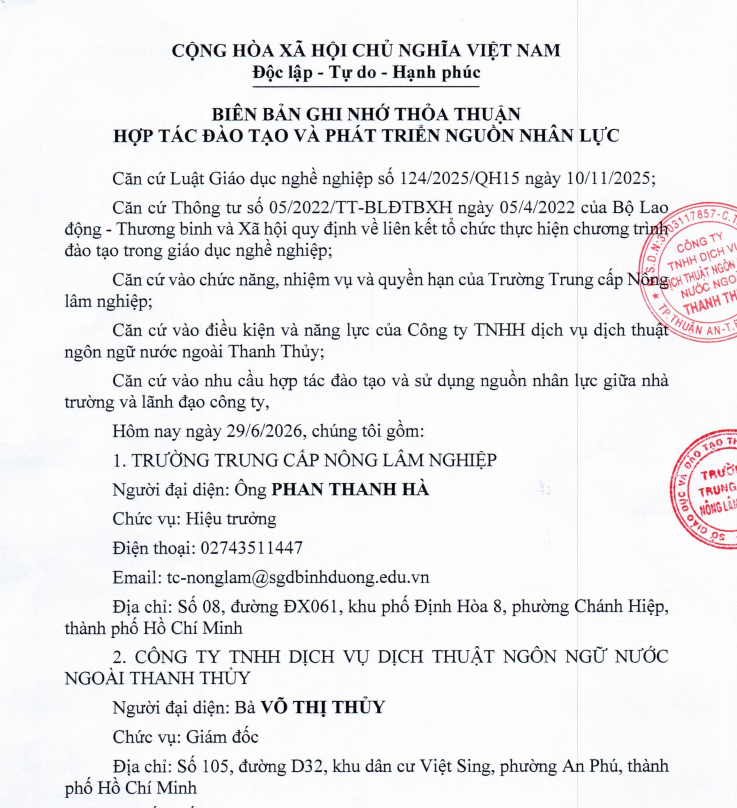 Biên bản hợp tác giữa Trường TCNLN với Công ty TNHH dịch vụ dịch thuật ngôn ngữ nước ngoài Thanh Thủy